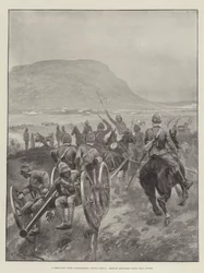 Een veldslag nabij Charlestown, Zuid-Afrika, Britse artillerie gaat in actie